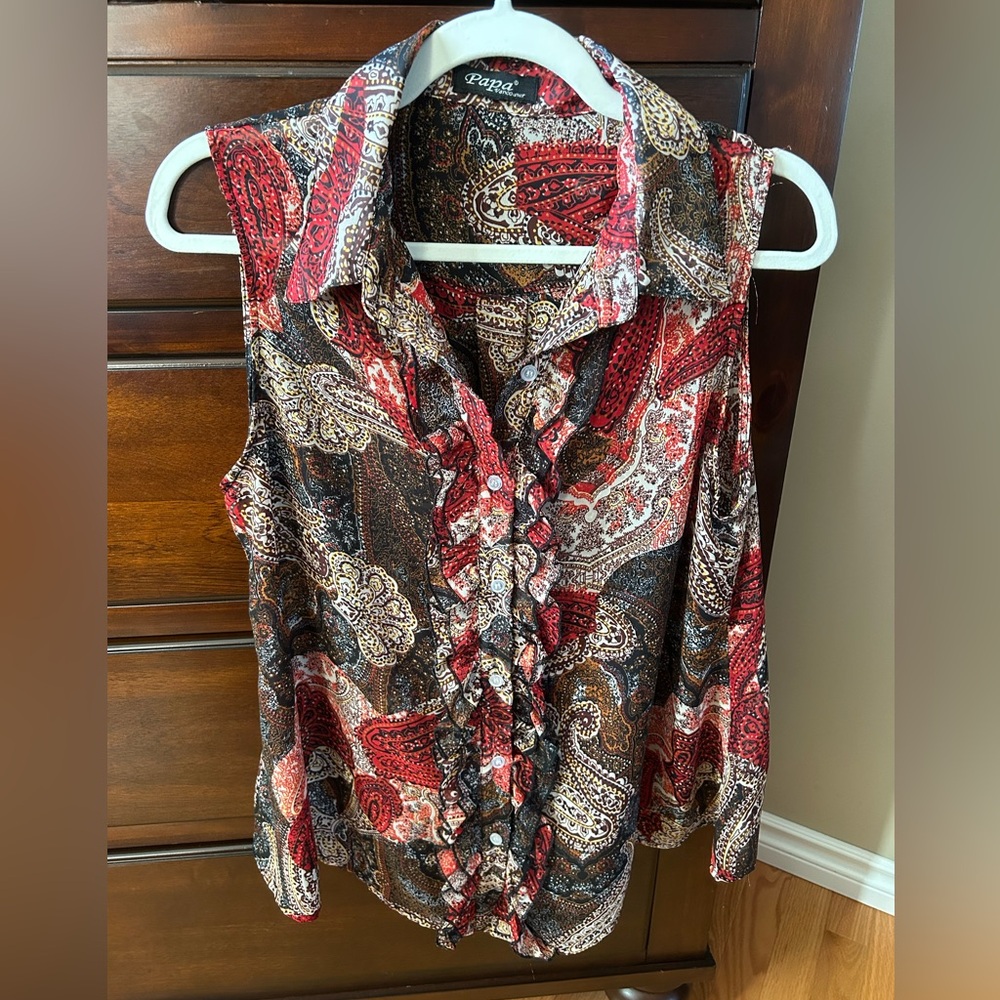 Paisley Sleeveless Blouse - Red and Brown